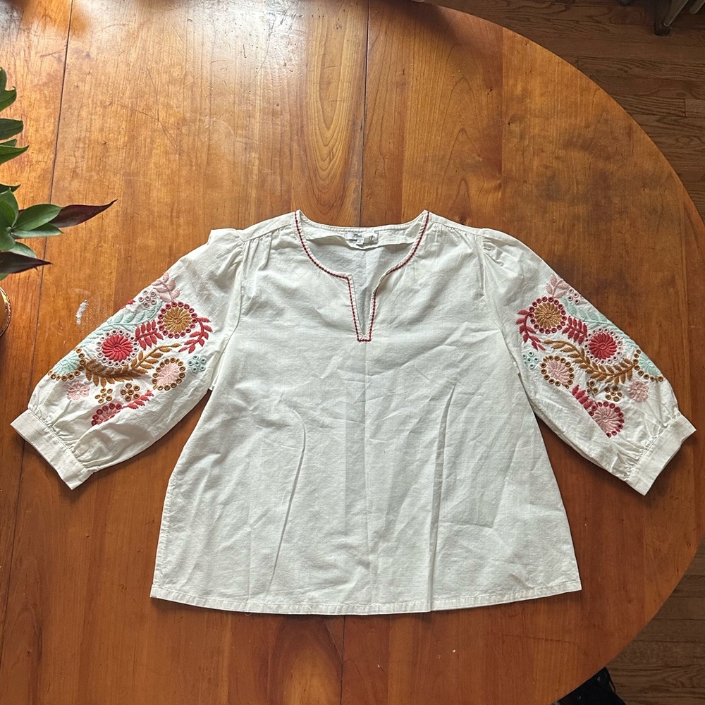 Madewell White Blouse with Red Floral Embroidery